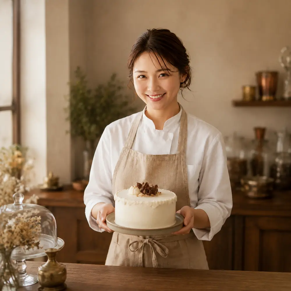 完成したケーキを手にするパティシエ