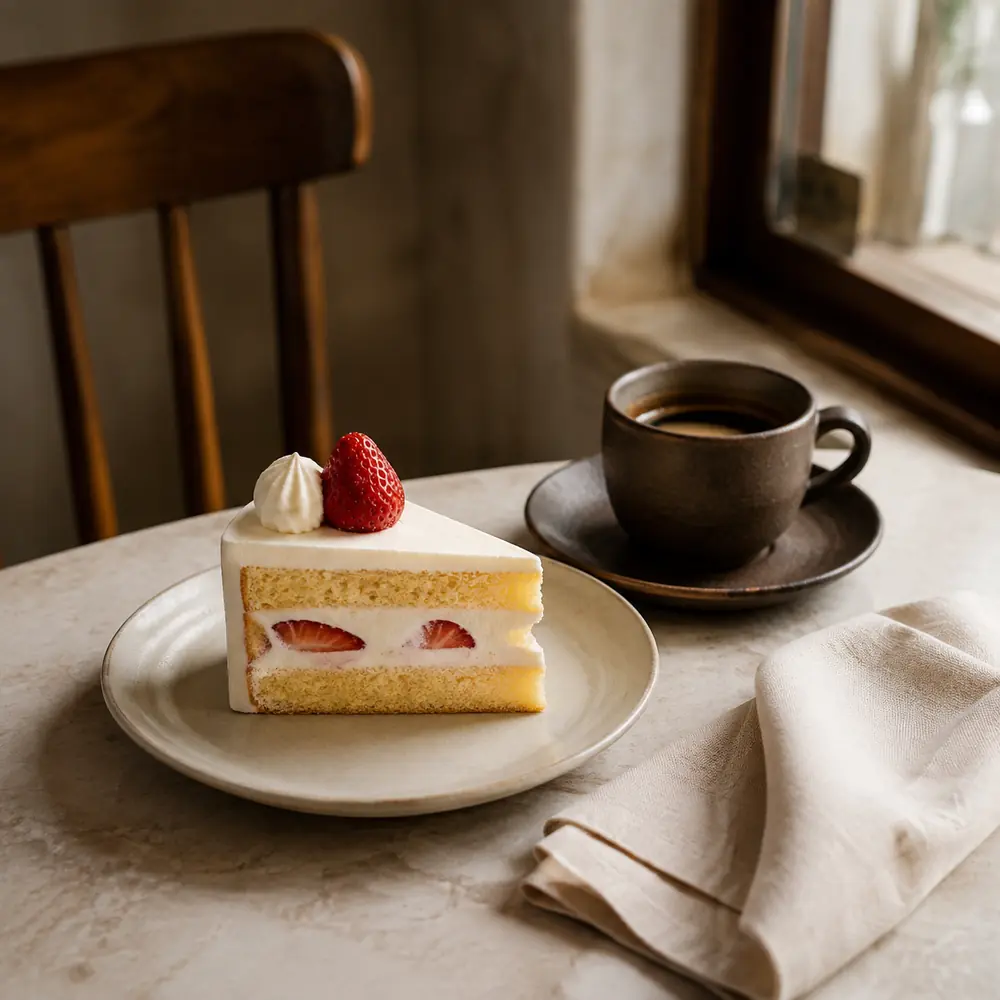 窓辺の苺ショートケーキと珈琲