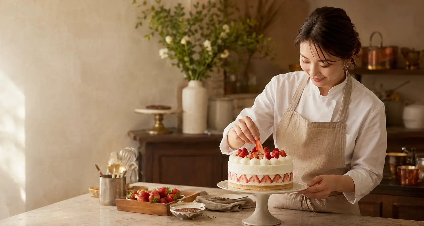 女性パティシエが苺のケーキに仕上げをしている様子
