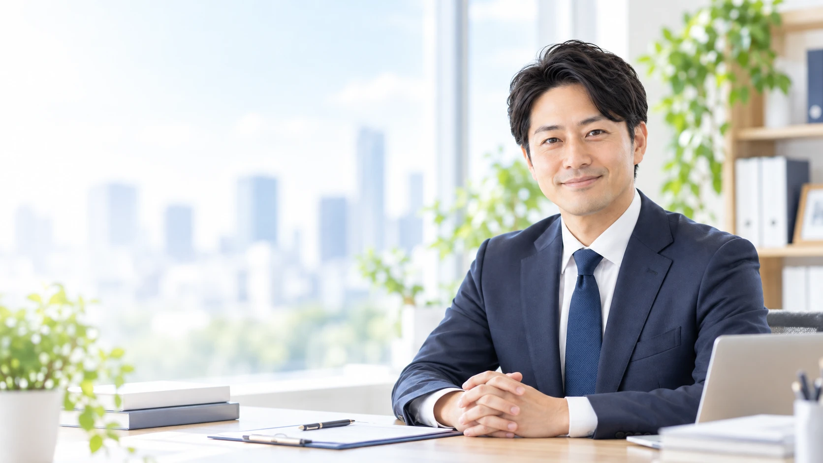 明るい事務所で微笑む架空の行政書士。WordPress制作サンプル